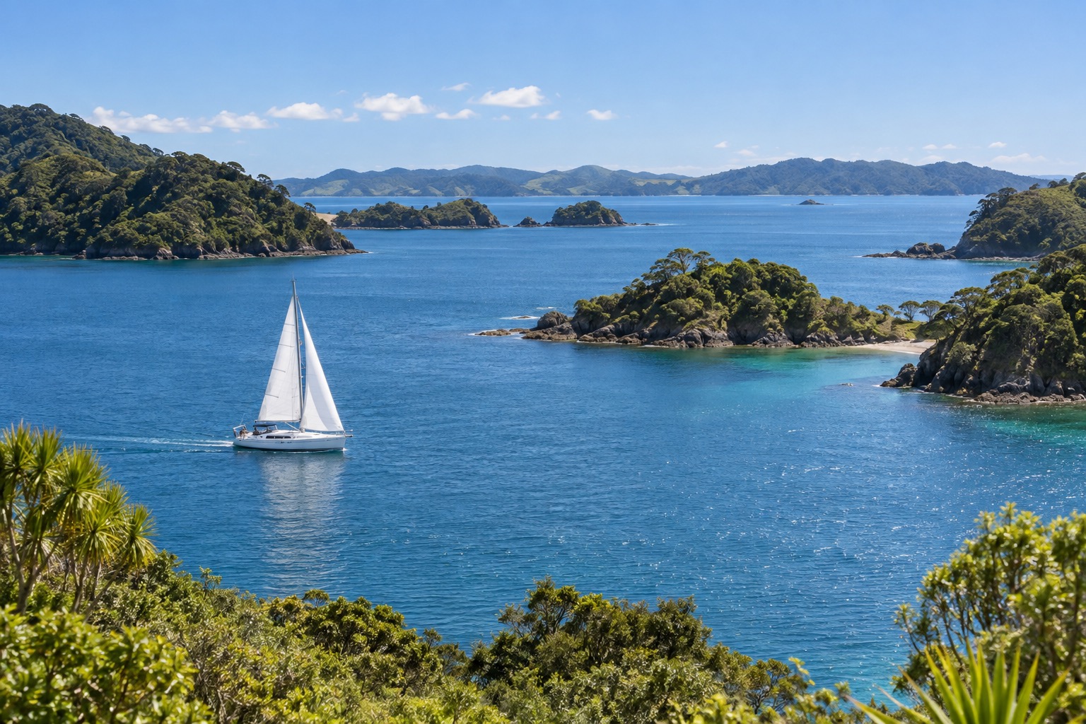 Sailboats on calm blue water in the Bay of Islands during summer