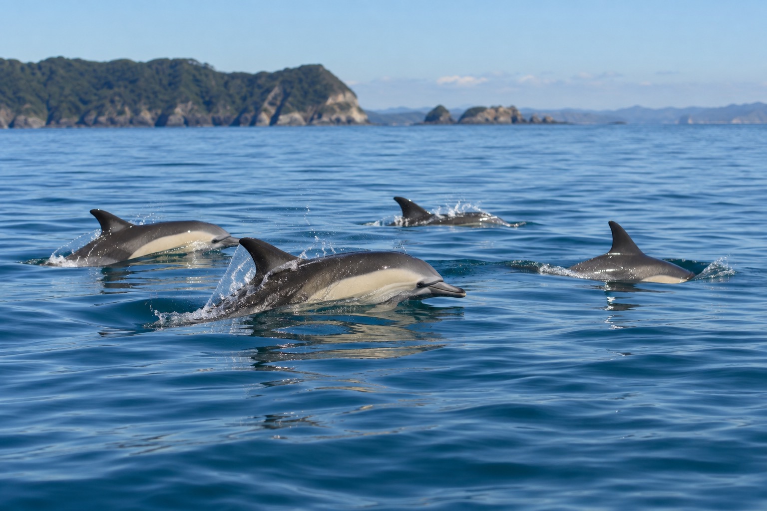 Common dolphins surfacing in the calm water of the Bay of Islands