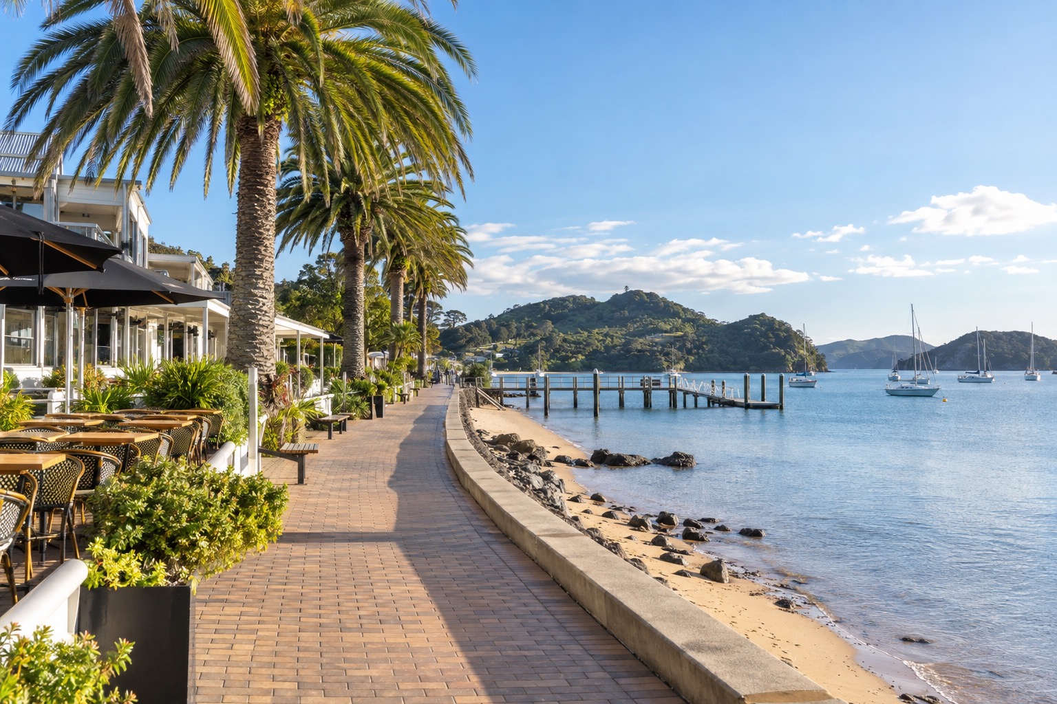Paihia waterfront and wharf in the Bay of Islands, the main tourist base town
