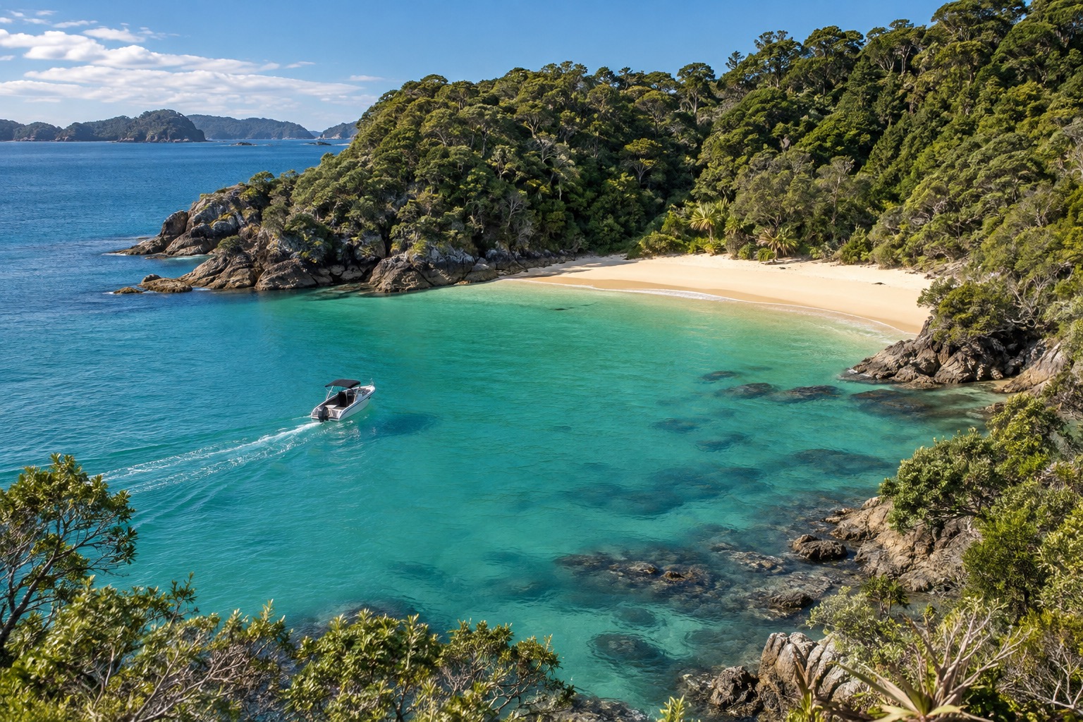 Small boat approaching a beach on Urupukapuka Island, the largest island in the Bay of Islands