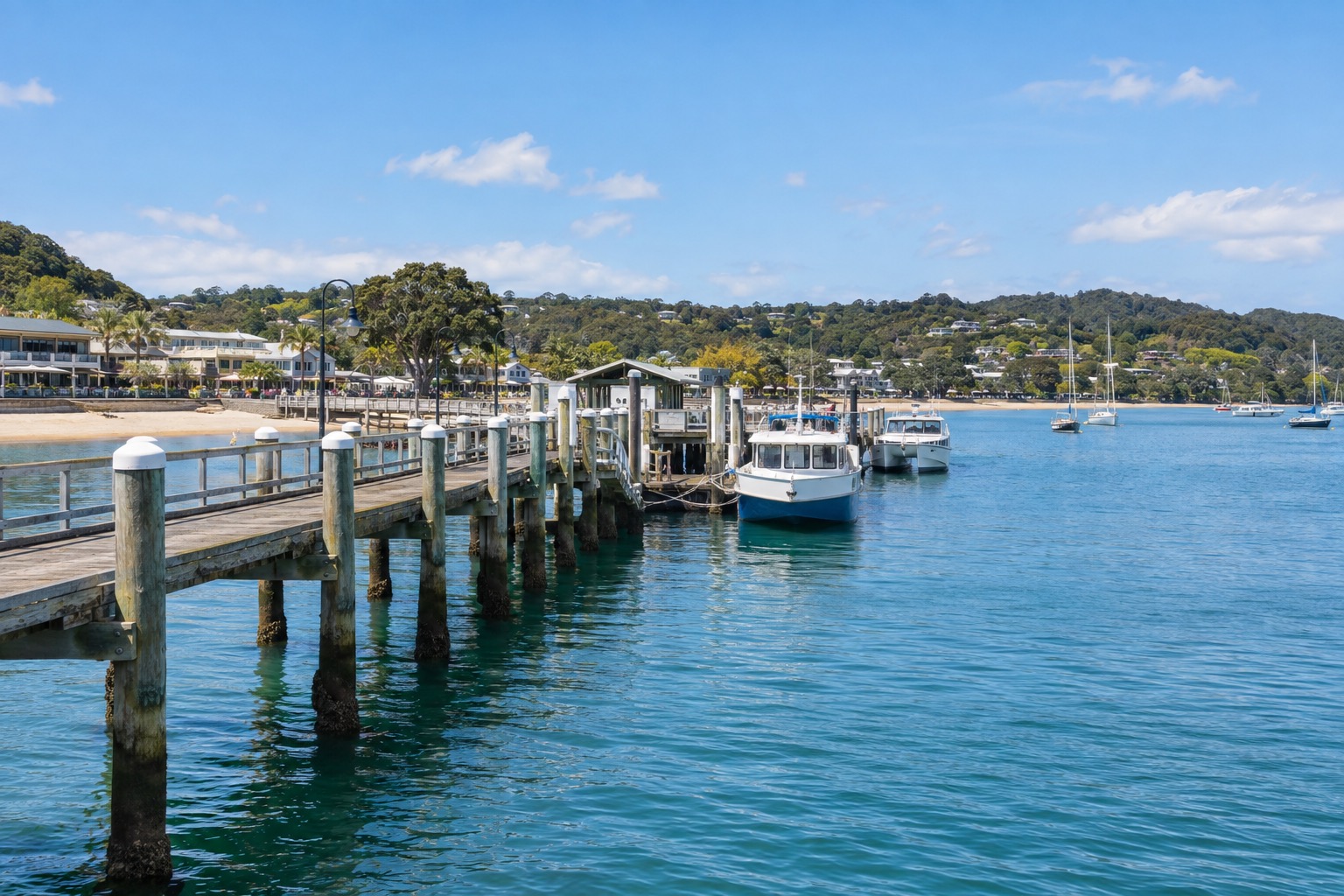 Paihia wharf with tour boats moored, the main departure point for Bay of Islands cruises