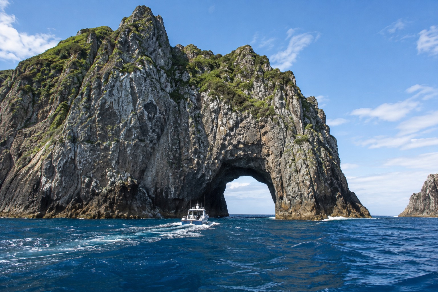 Boat passing through the natural rock archway of Piercy Island, known as the Hole in the Rock