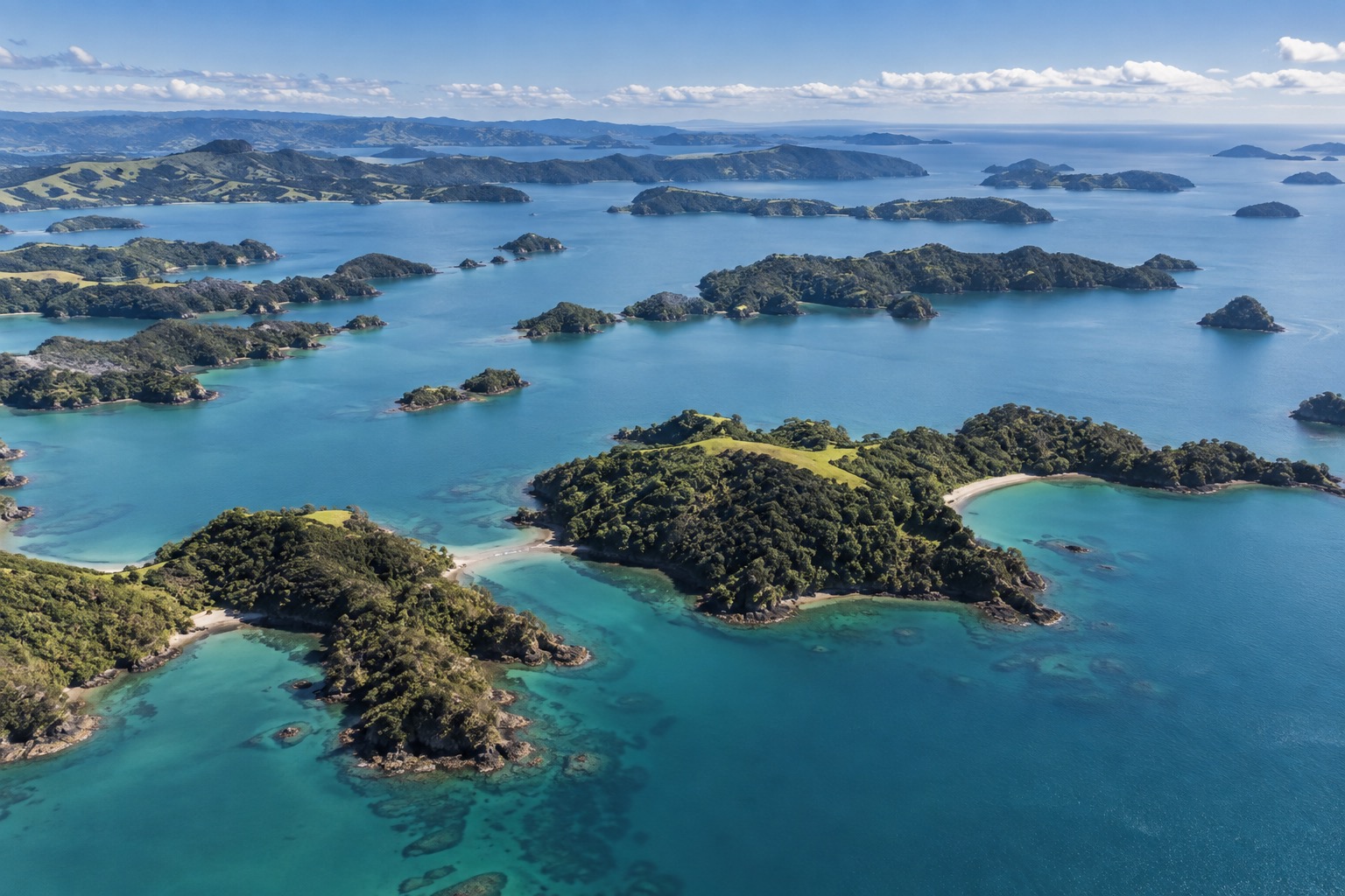 Aerial view over the Bay of Islands showing scattered green islands in sheltered blue water