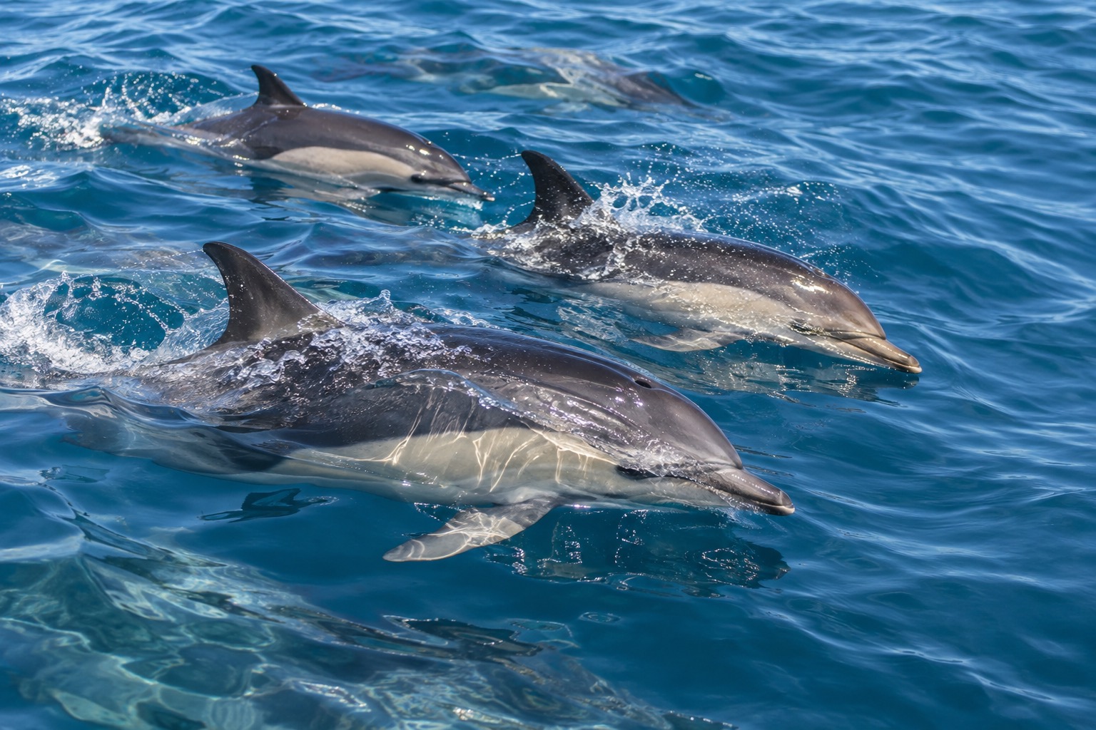 A pod of common dolphins swimming in the sheltered waters of the Bay of Islands
